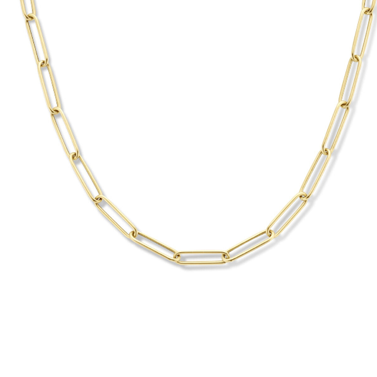 Gouden paperclip collier met ronde buisjes van 4,0 mm en een lengte van 45 cm, voorzien van een groot springslot.