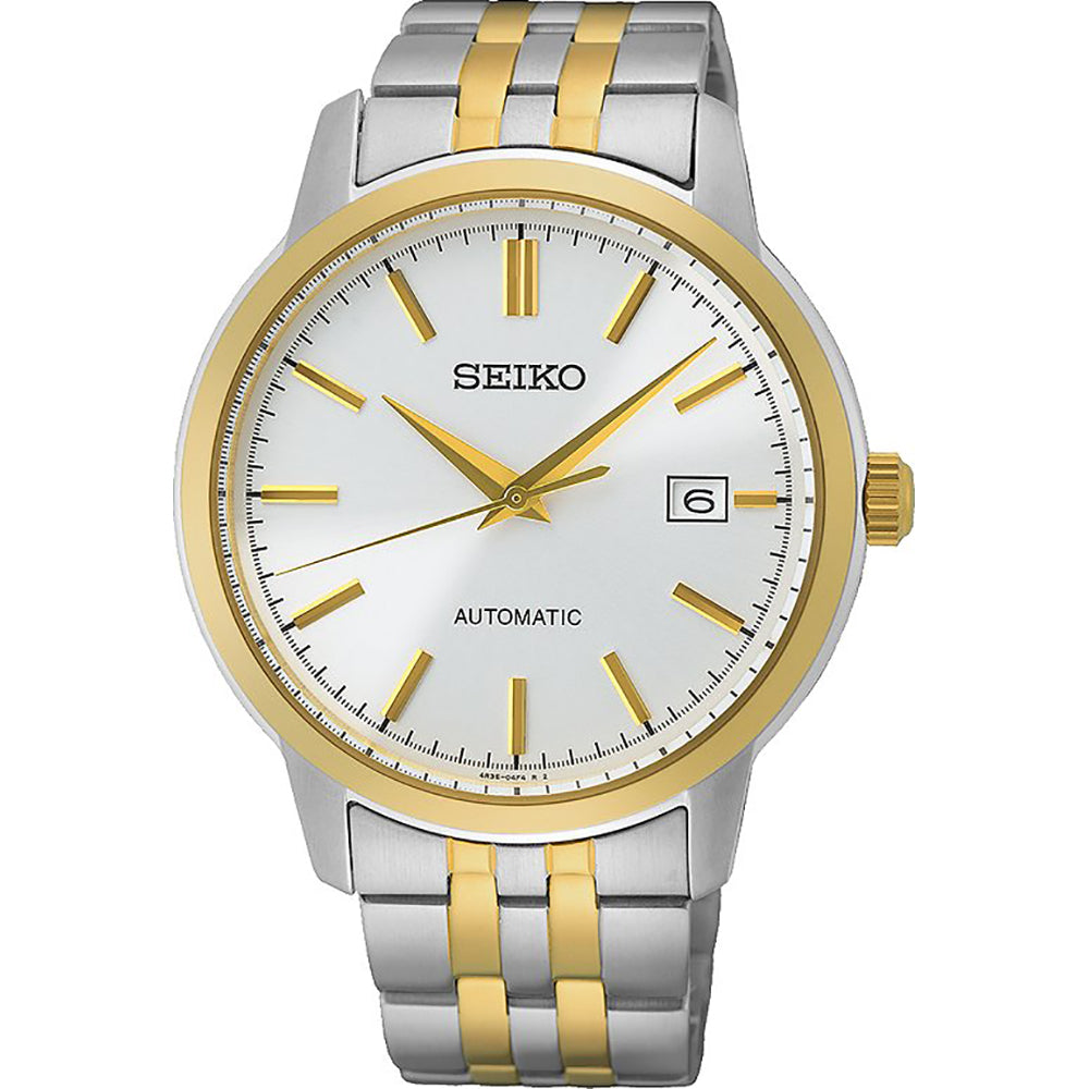 Zegarek męski Seiko z automatycznym mechanizmem, srebrna koperta, złote akcenty, biała tarcza.