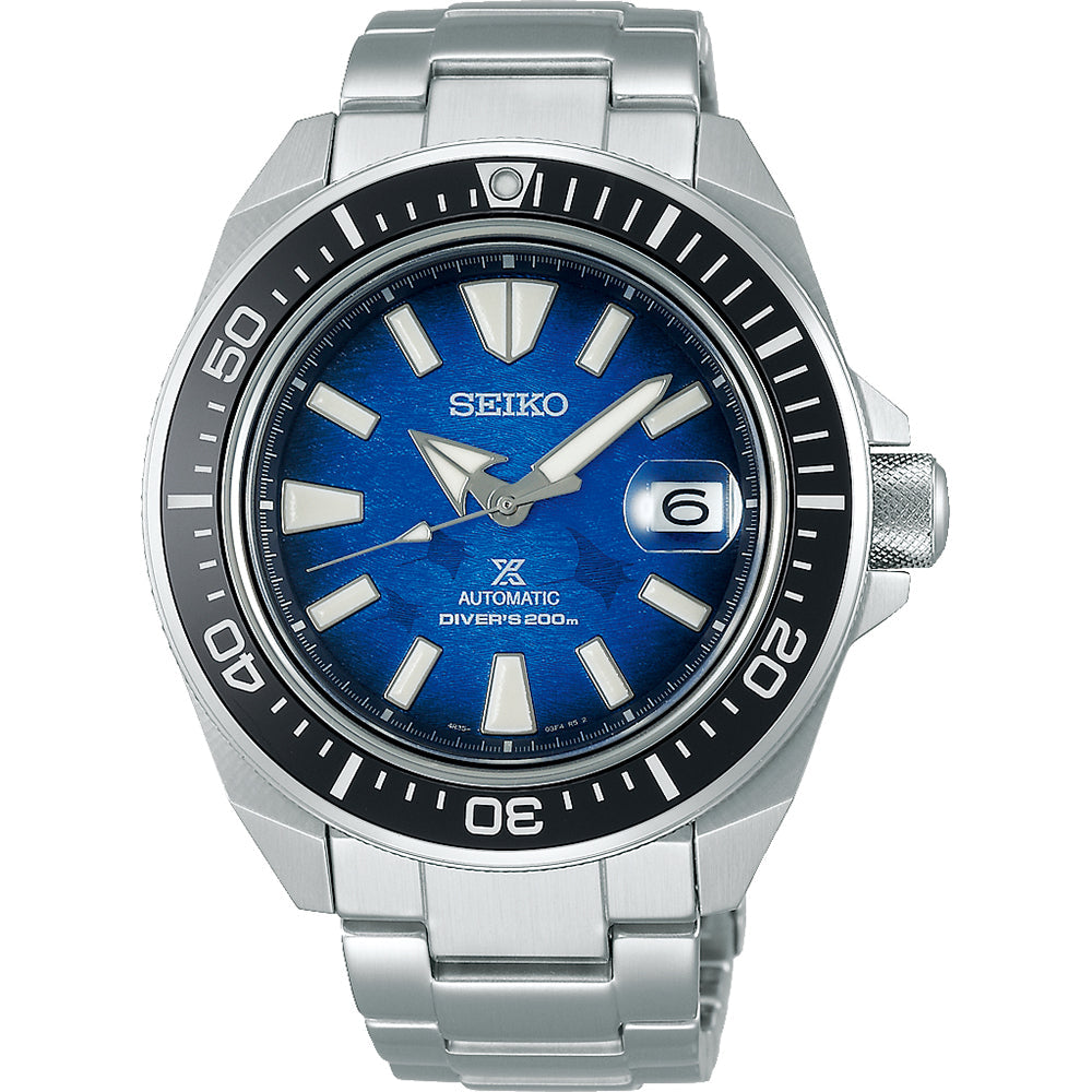 Zegarek męski Seiko Prospex z niebieską tarczą, stalowa koperta i bransoleta, automatyczny mechanizm.