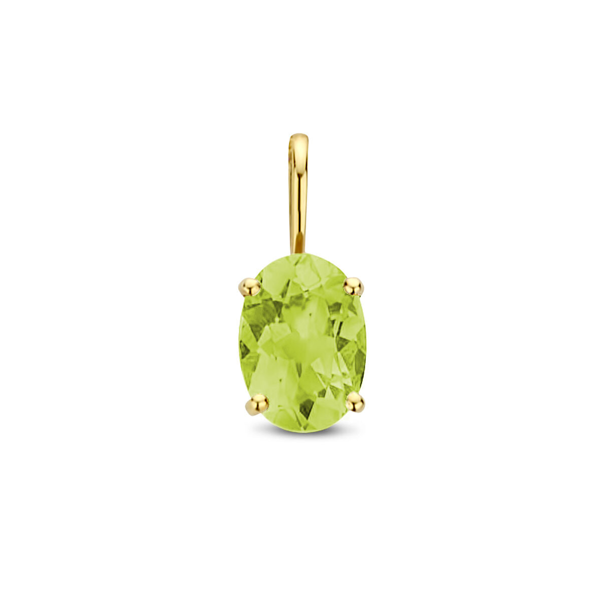 wisiorek perydotowy w 14K złotym, owalny kształt, osadzony w czterech sztyftach.