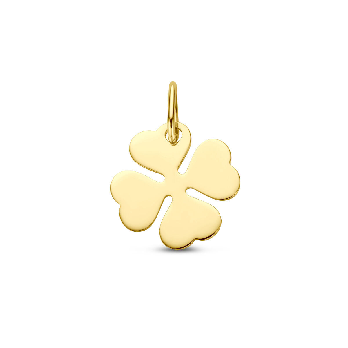 De Van der Kooij Collectie hanger klaver 14K geelgoud heeft hartvormige blaadjes en een klein oogje bovenaan om eenvoudig aan een ketting of armband te bevestigen, ideaal als dames klaverhanger en getoond op een witte achtergrond.