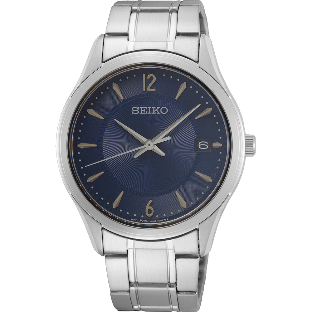 Srebrny zegarek męski Seiko z niebieską tarczą i metalową bransoletą.