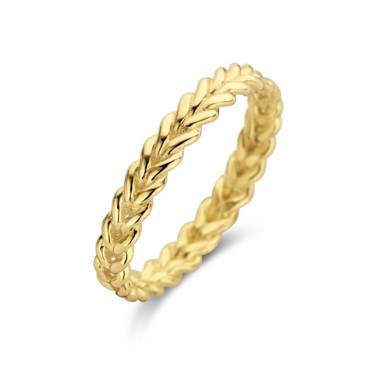 Een 3mm brede ring 14K geelgoud uit de Van der Kooij Collectie, met verfijnd gevlochten ontwerp, getoond op een witte achtergrond met subtiele schaduw.
