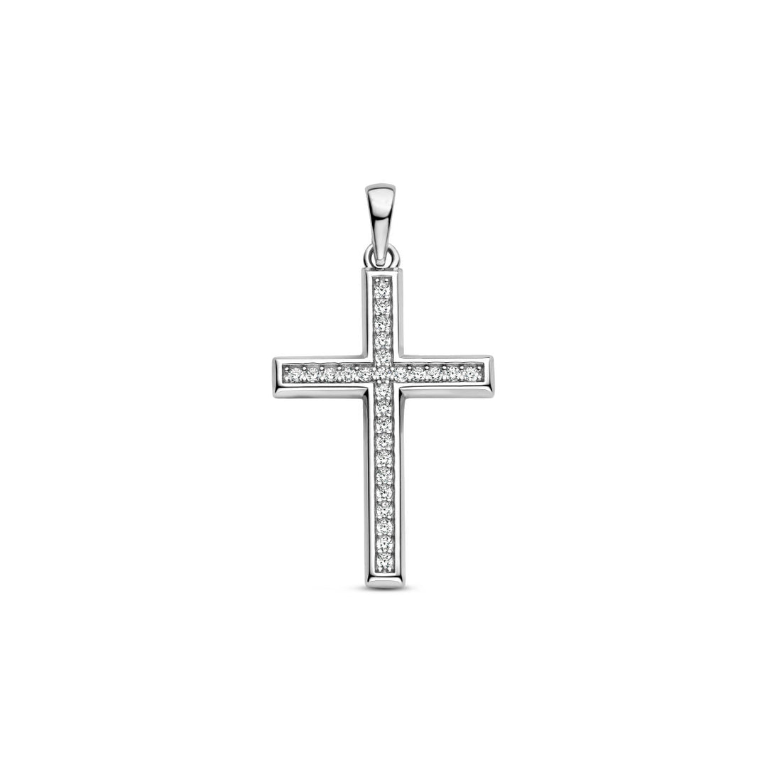 De Van der Kooij Collectie hanger kruis zirkonia zilver gerodineerd dankzij zirkonia's en is te zien op een witte achtergrond.