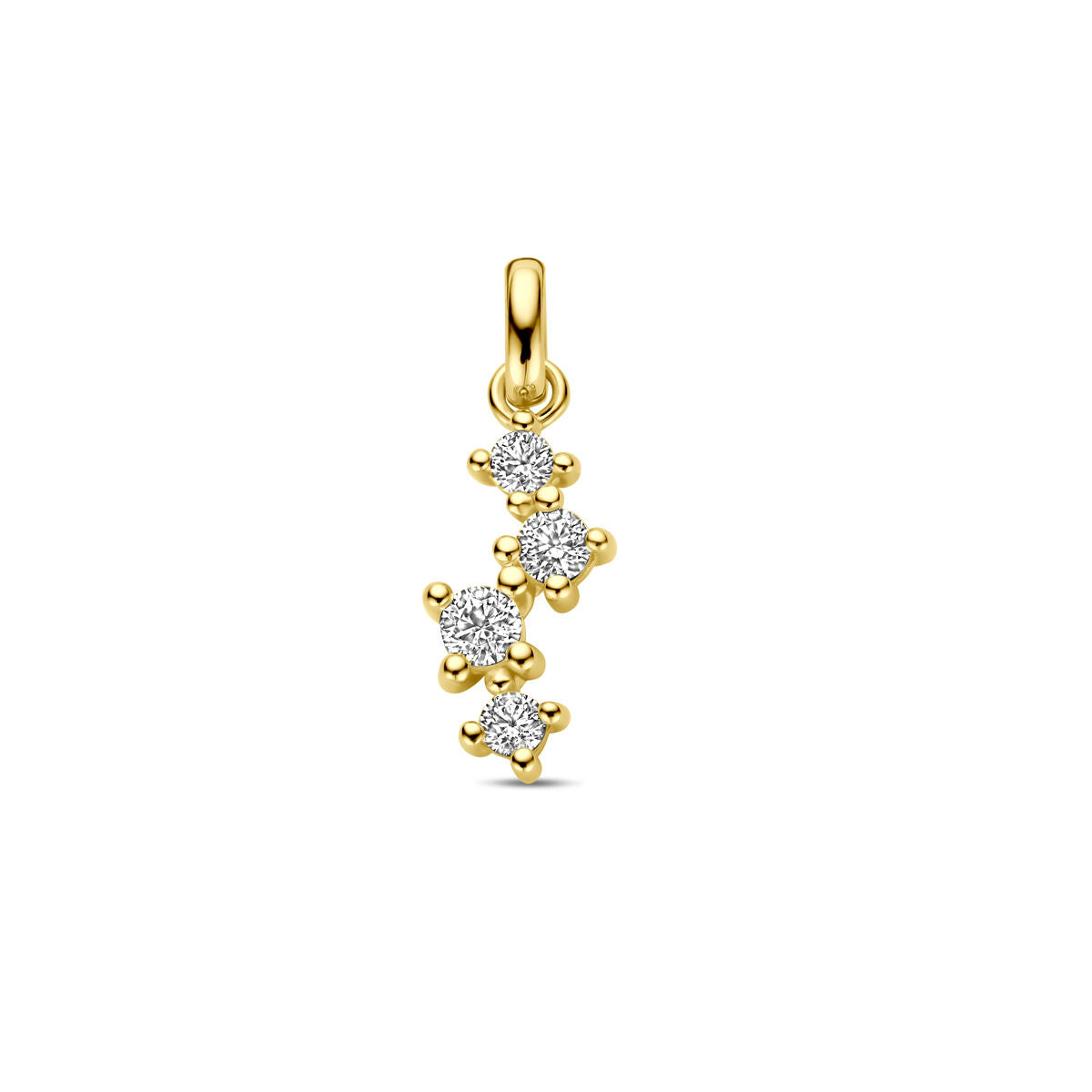 Hanger van 14K geelgoud met drie zirkonia-steentjes in een speelse, golvende vorm.
