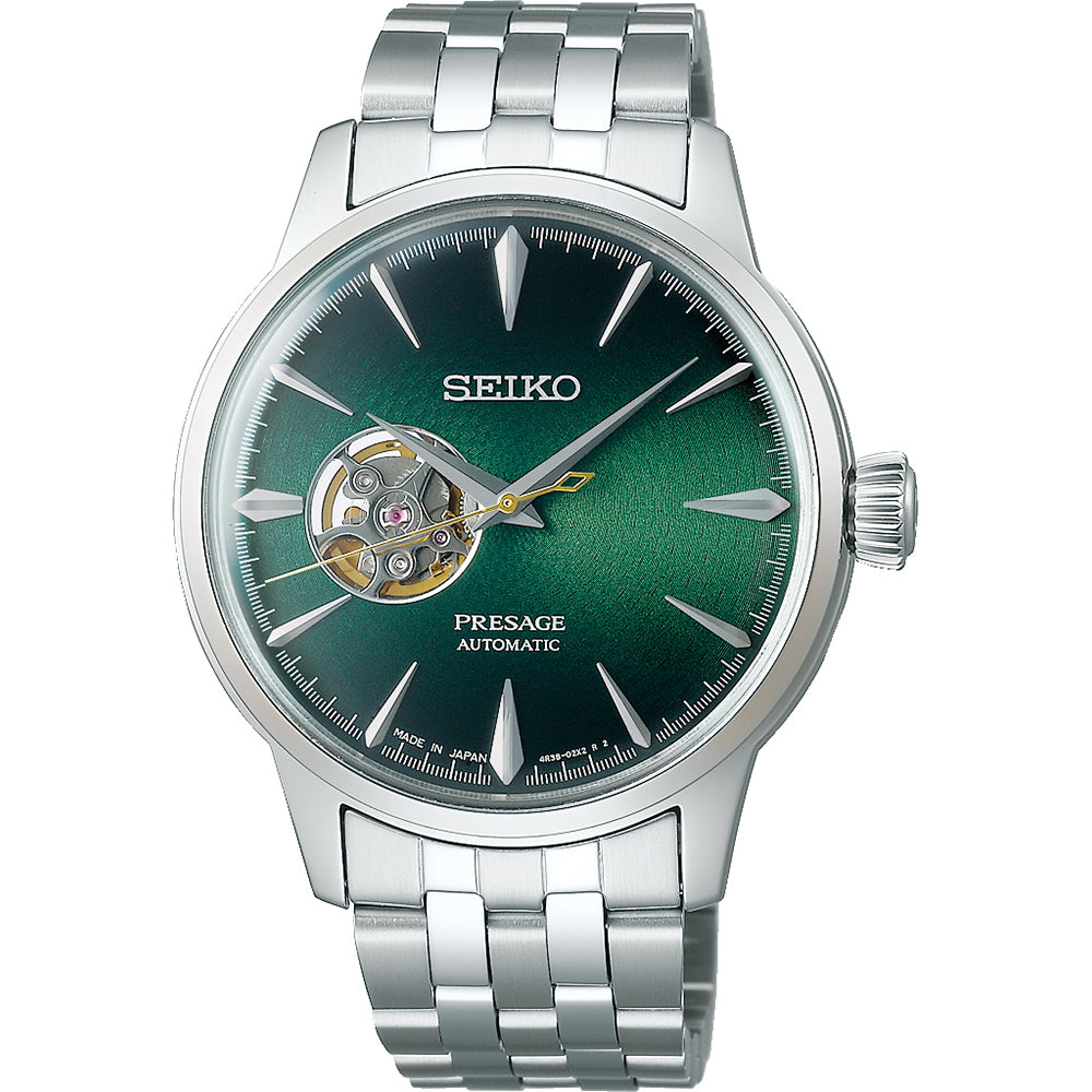Zegarek męski Seiko Presage z zieloną tarczą, automatyczny mechanizm, stalowa bransoleta.