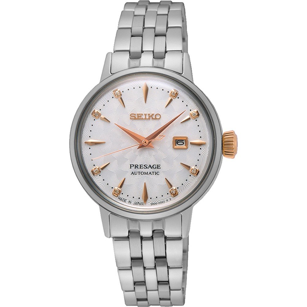 Zegarek damski Seiko Presage SRE009J1 z metalową bransoletą, srebrna tarcza z różowymi detalami.