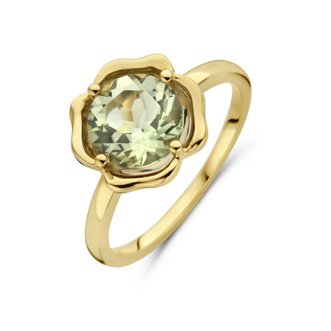 De Van der Kooij Collectie ring groen amethist 14K geelgoud heeft een ronde, gefacetteerde groene amethist in een bloemvormige ring, weergegeven op een witte achtergrond.