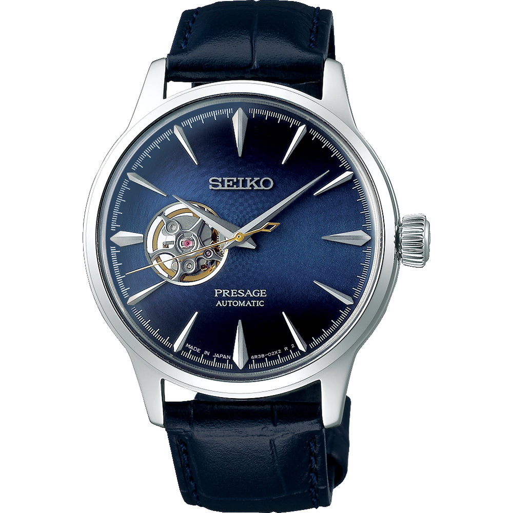 Zegarek męski Seiko Presage z niebieską tarczą, automatyczny mechanizm, skórzany pasek.