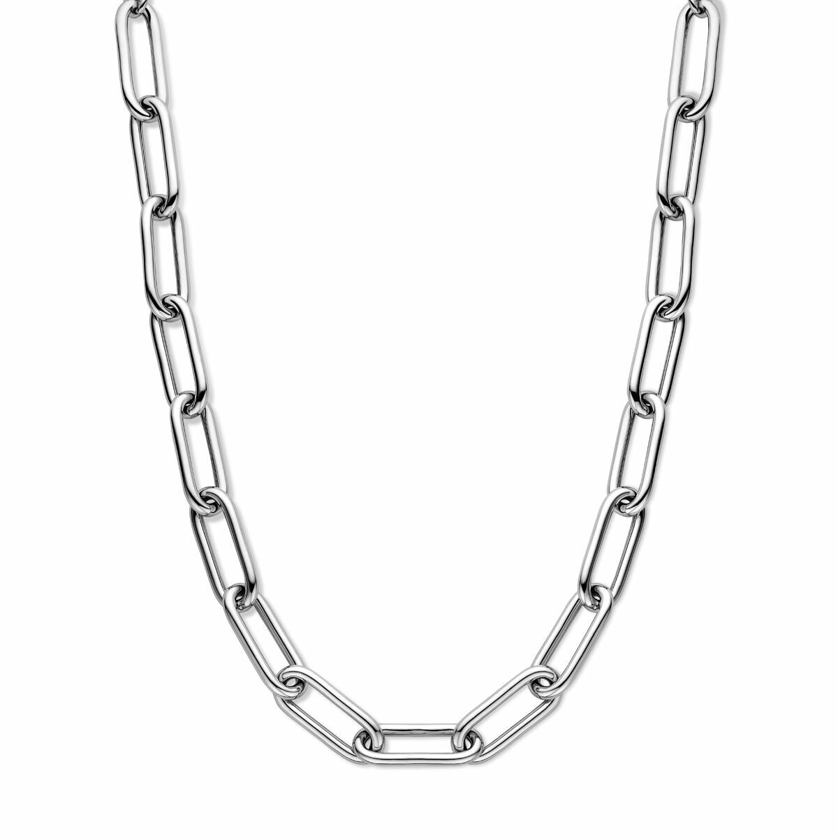 Naszyjnik paperclip z okrągłymi ogniwami o średnicy 11,5 mm, wykonany ze srebra rodowanego.