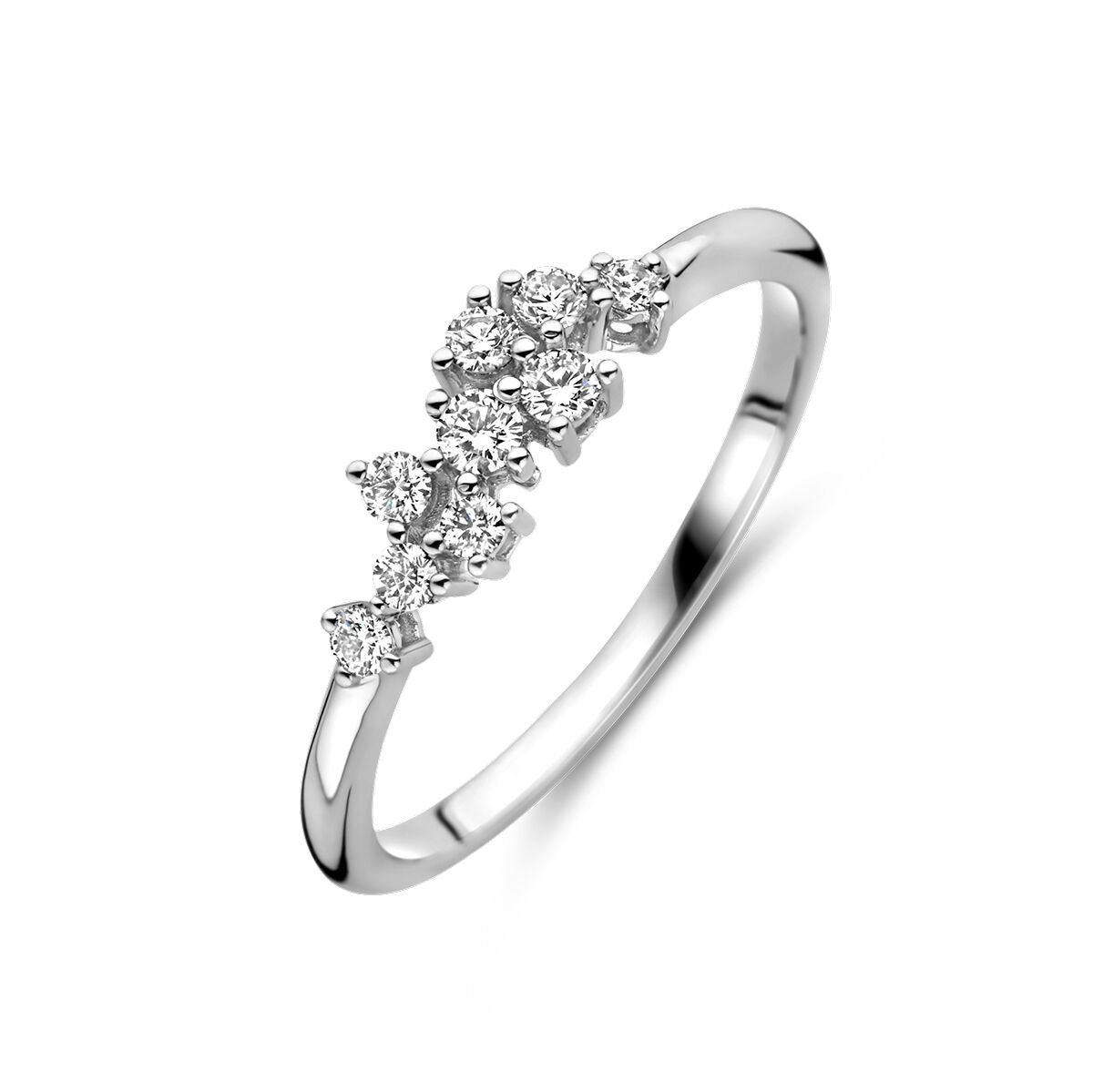 pierścionek z diamentami 0,21 ct H SI w białym złocie 14K, delikatny, z pięcioma kamieniami.