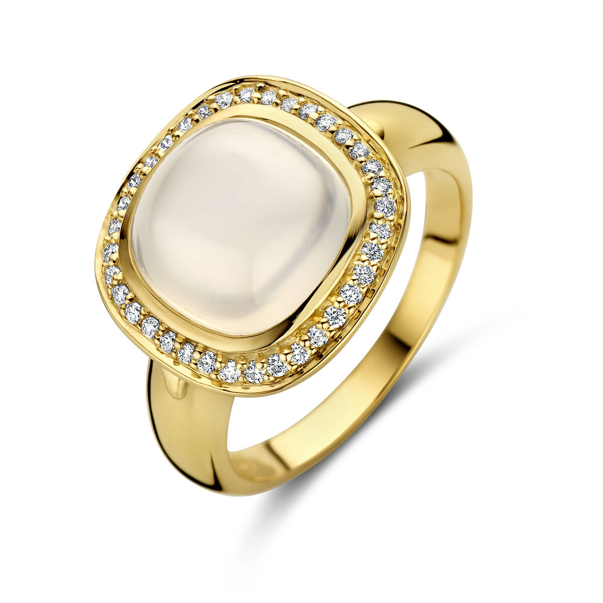 ring wit maansteen en diamant 0.20ct h si halo 14K geelgoud