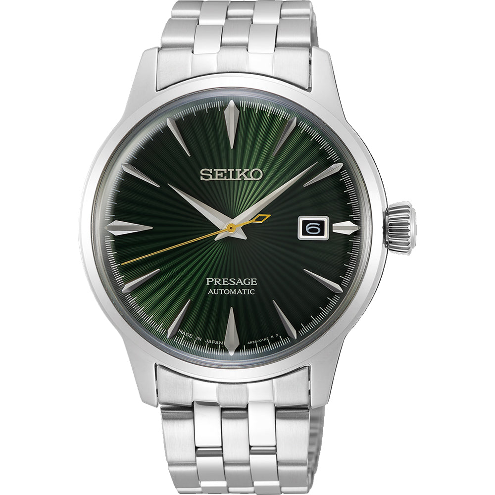 Zegarek męski Seiko Presage SRPE15J1 z zieloną tarczą, stalowa koperta i bransoleta.