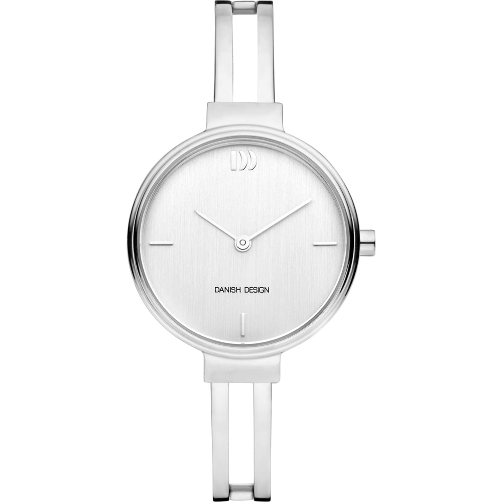 Zegarek z okrągłą tarczą, srebrna koperta, minimalistyczny design, cienki pasek.