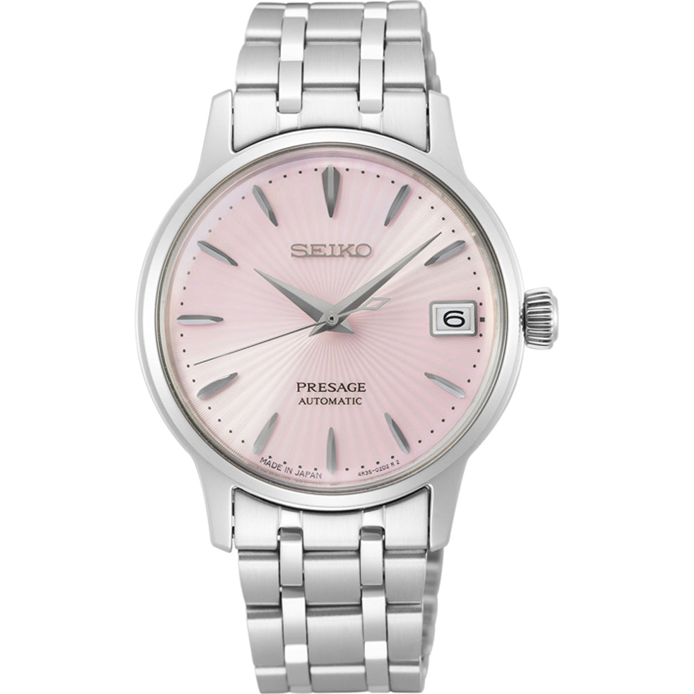 Zegarek damski Seiko Presage SRP839J1 z różową tarczą, stalową kopertą i bransoletą.