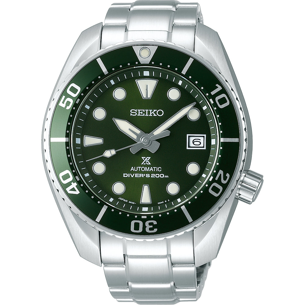 Zegarek męski Seiko Prospex z zieloną tarczą, stalową kopertą i bransoletą, automatyczny mechanizm.
