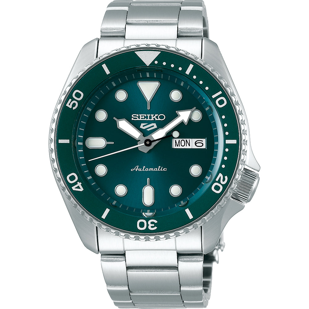 Zegarek męski Seiko 5 Sports z zieloną tarczą, stalową kopertą i bransoletą, automatyczny mechanizm.