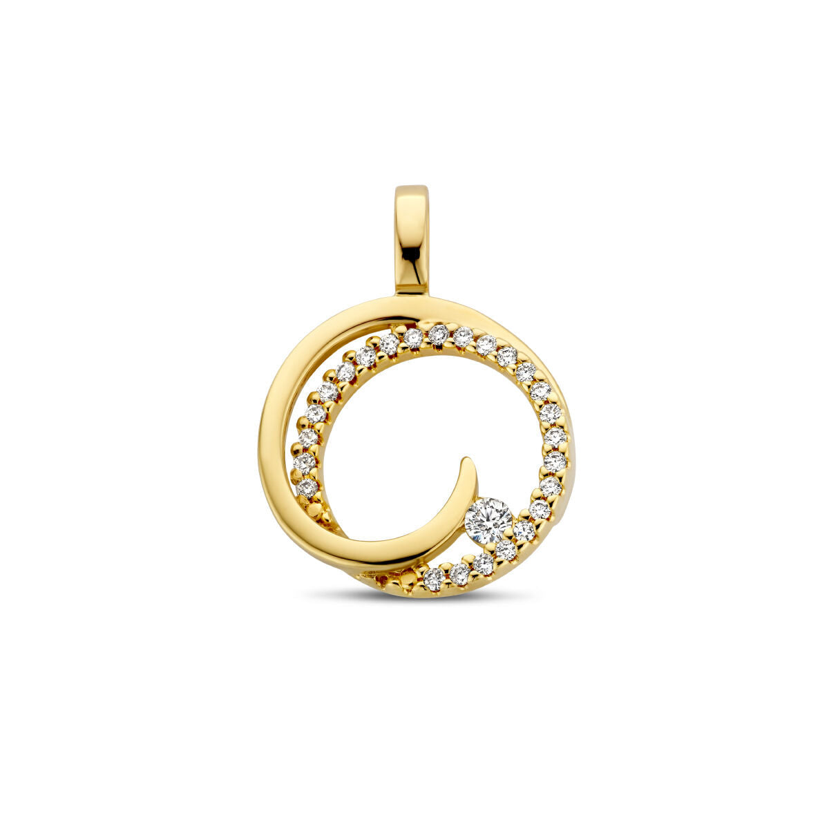Ronde hanger van 14K geelgoud met een golvende vorm en bezet met diamanten van 0,13 ct H SI.