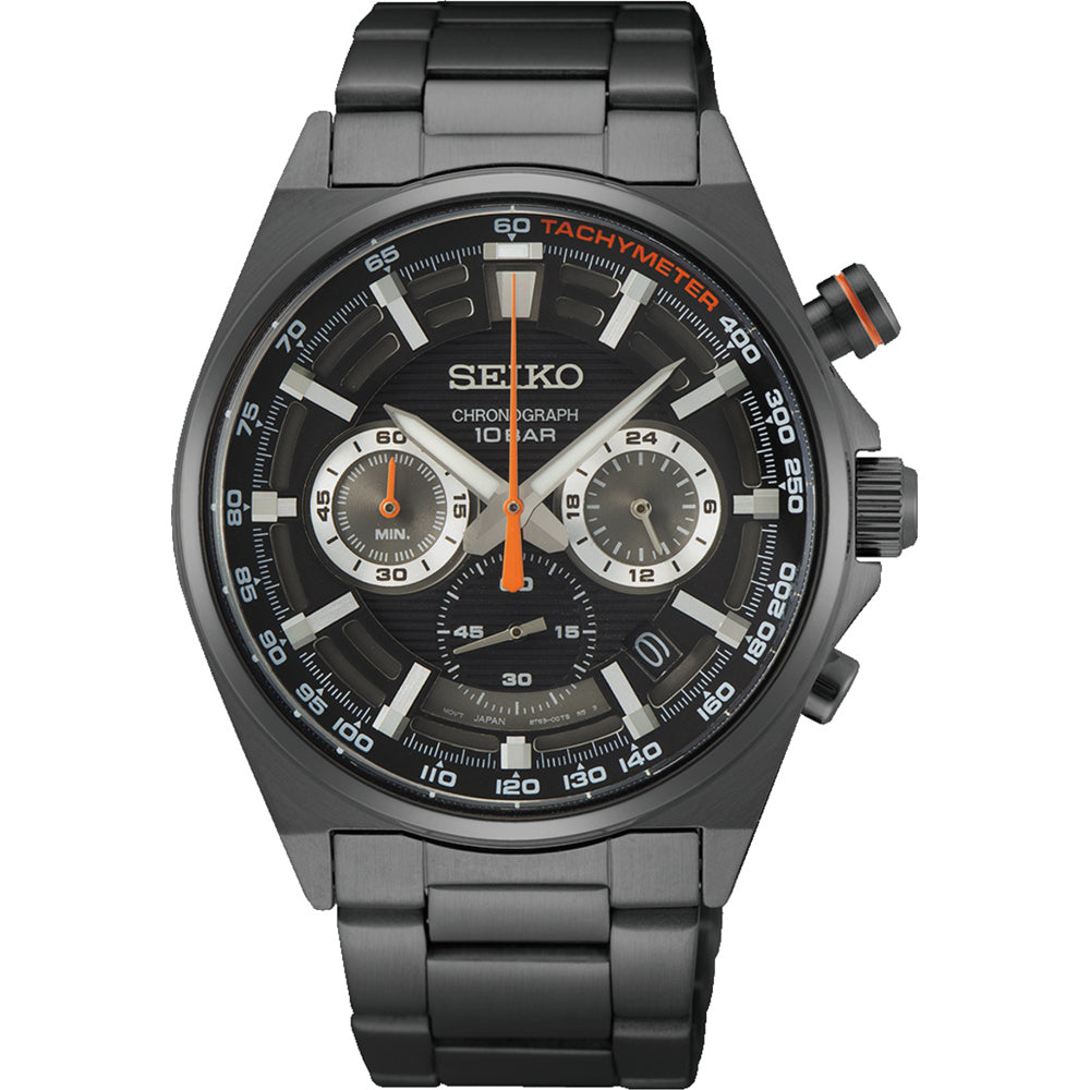 Zegarek męski Seiko SSB399P1 z czarną tarczą, stalową kopertą i bransoletą, z chronografem i tachymetrem.