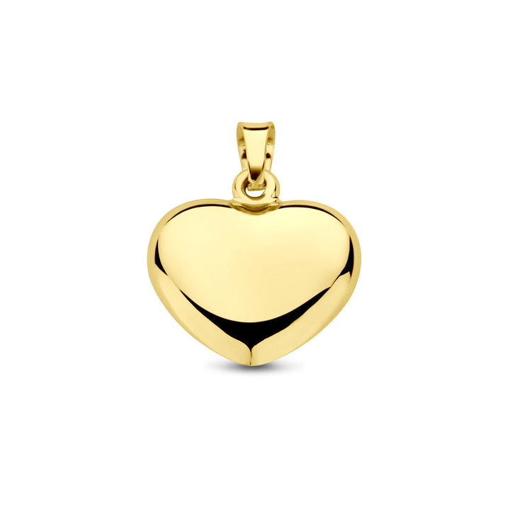 De hanger hart 14K geelgoud van Van der Kooij Collectie heeft een gepolijste, glanzende hartvorm met een glad oppervlak en een klein lusje, ideaal voor halskettingen-een perfect valentijnscadeau, afgebeeld op een witte achtergrond.