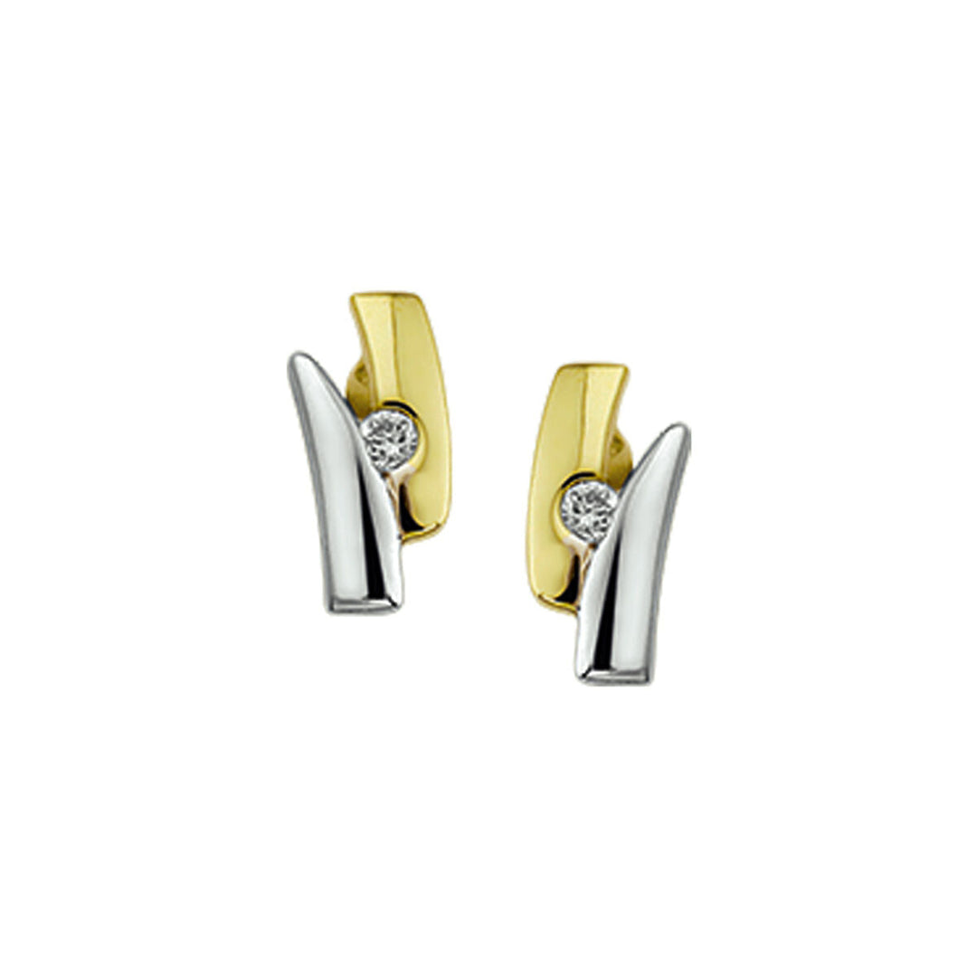 Een paar Van der Kooij Collectie oorknoppen in 14K bicolor geel/wit goud, elk bezet met een 0,019ct H SI diamant (totaal 0,038ct), met een modern goud en zilver design.