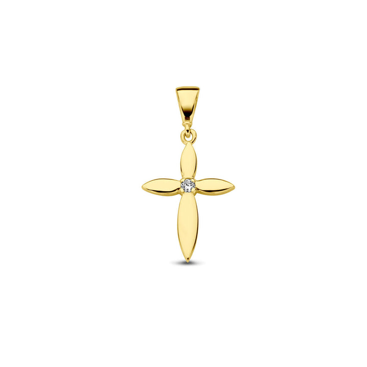 De Van der Kooij Collectie hanger kruis zirkonia 14K geelgoud heeft bloembladvormige armen en een centrale ronde zirkonia. Uniseks, subtiel en tijdloos sieraad, stijlvol gepresenteerd op een witte achtergrond.