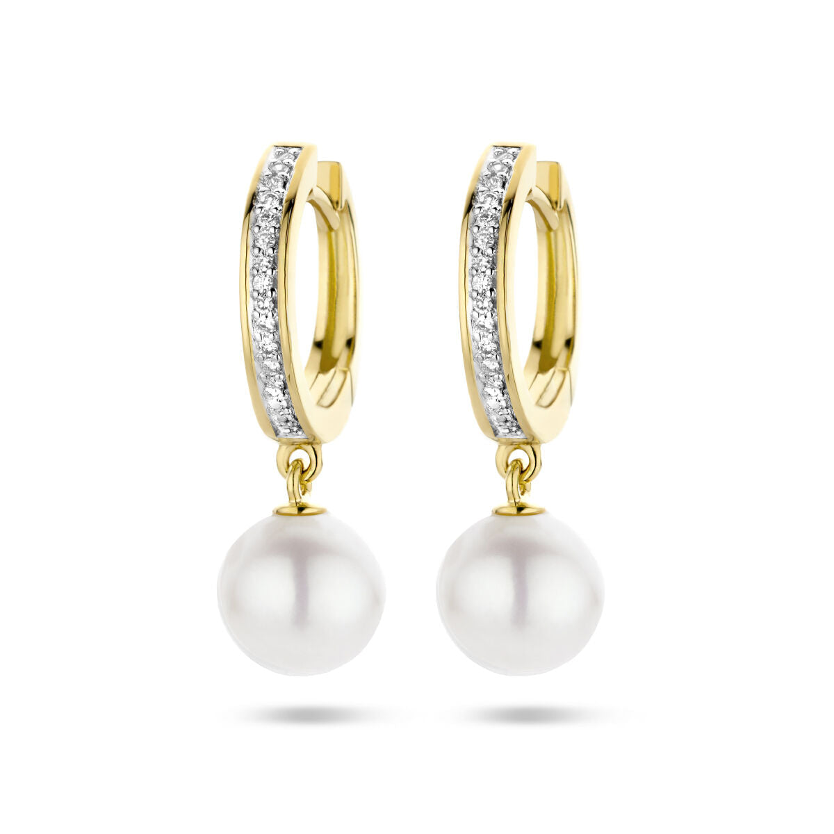 Złote kolczyki koła z perłą i diamentami o łącznej wadze 0,08 ct, bicolor, z zawieszką.