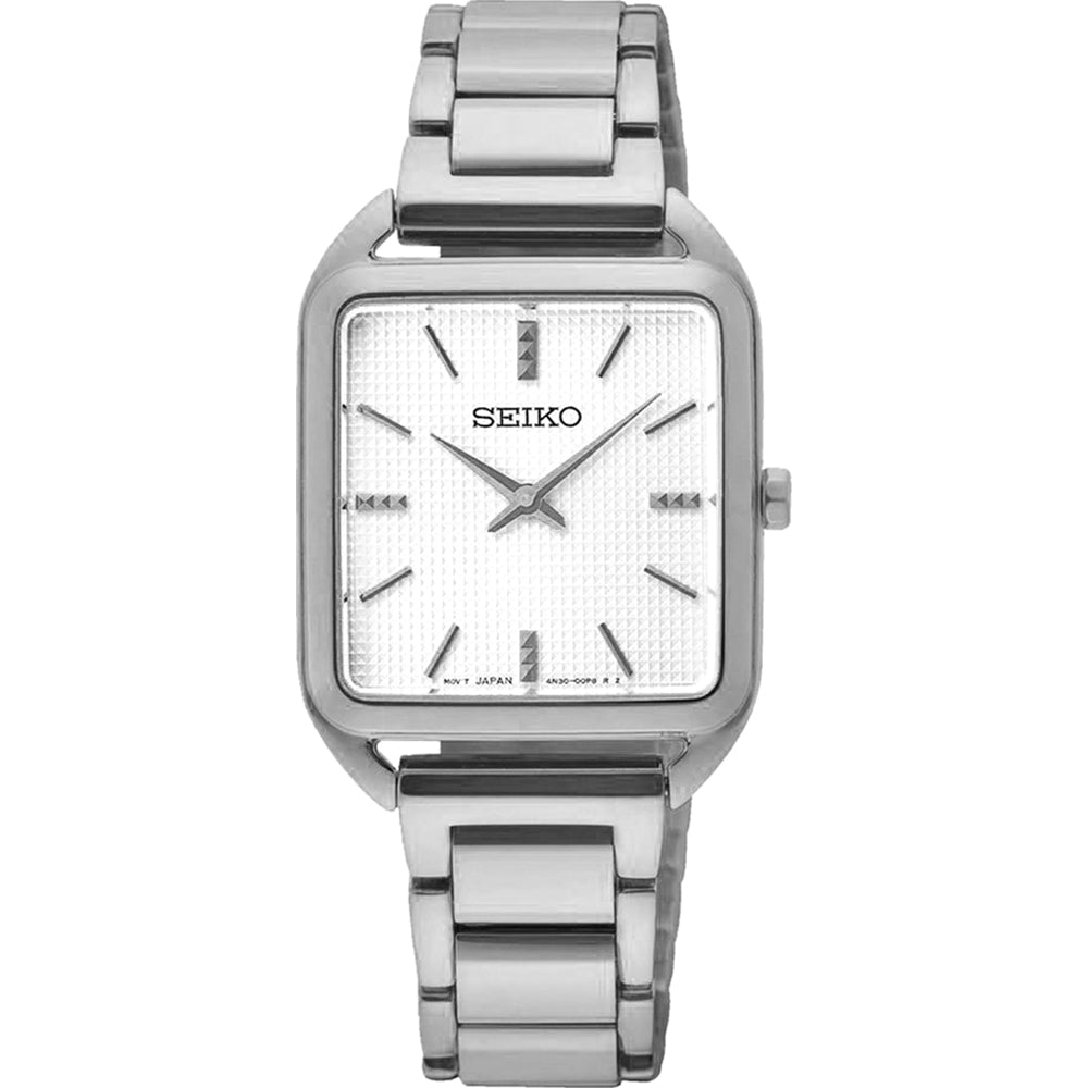 Srebrny zegarek damski Seiko z kwadratową tarczą i metalową bransoletą.