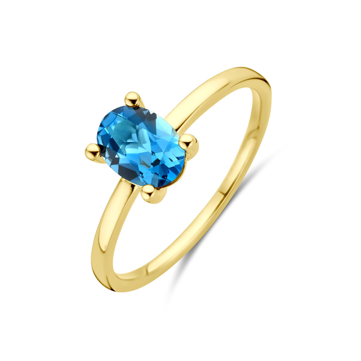 Pierścionek z london blue topazem w owalnym kształcie, wykonany z 14K żółtego złota.