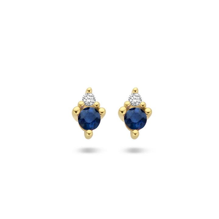 oorknoppen saffier en diamant 0.02ct (2x 0.01ct) h p1 14K geelgoud