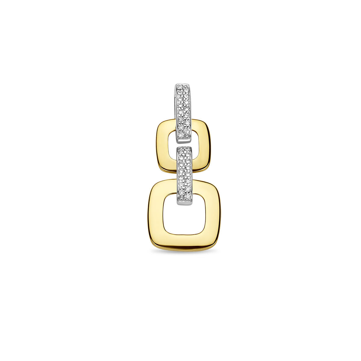 Wisiorek w kształcie dwóch kwadratów, złoty i srebrny, z diamentami o masie 0,13 ct.