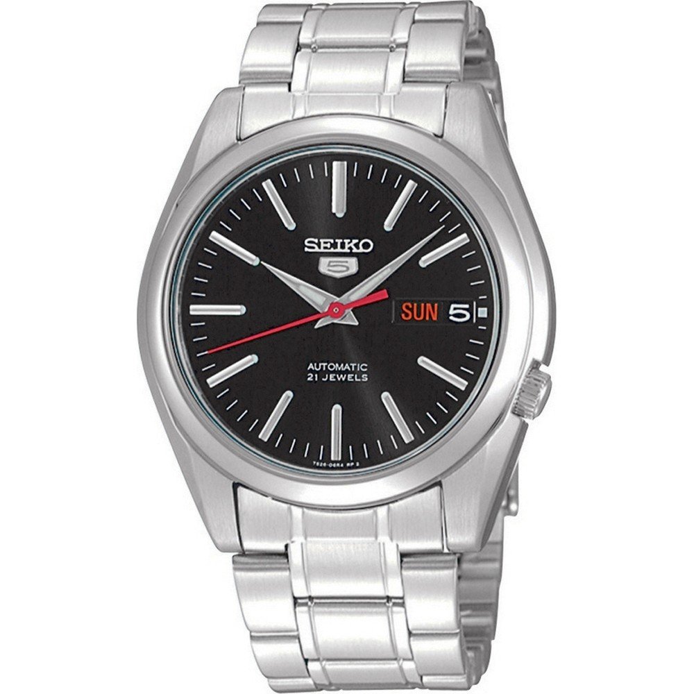 Srebrny zegarek męski Seiko z czarną tarczą, automatyczny mechanizm, bransoleta ze stali nierdzewnej.