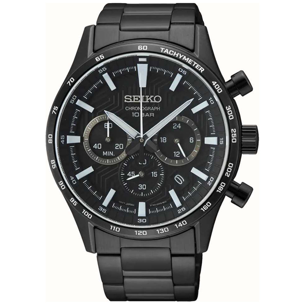 Czarny zegarek męski Seiko z chronografem, metalowa bransoleta, okrągła tarcza z wzorem.