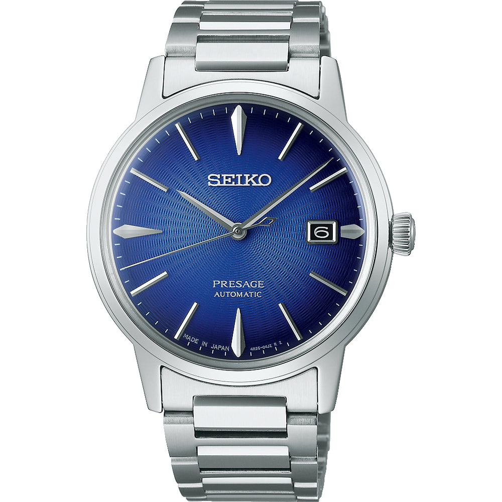 Zegarek męski Seiko Presage z niebieską tarczą, stalowa koperta i bransoleta.