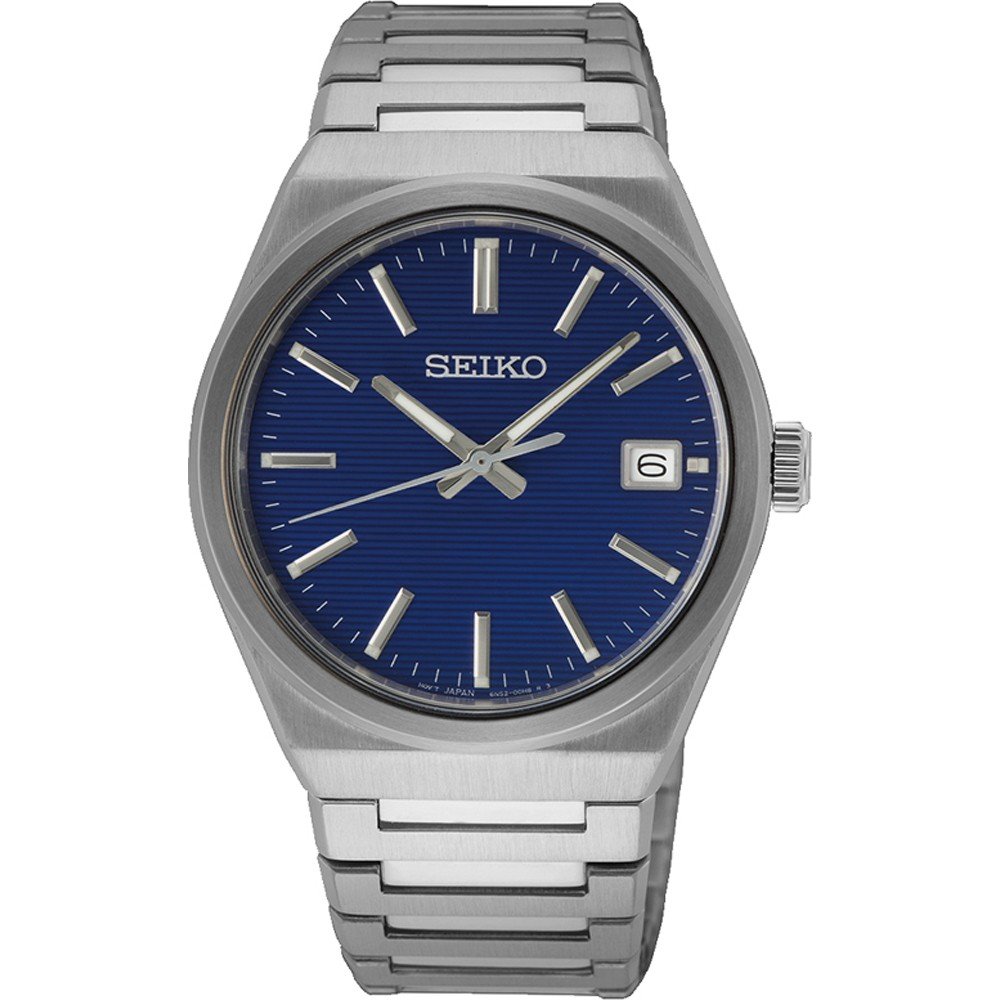 Srebrny zegarek męski Seiko z niebieską tarczą i metalową bransoletą.