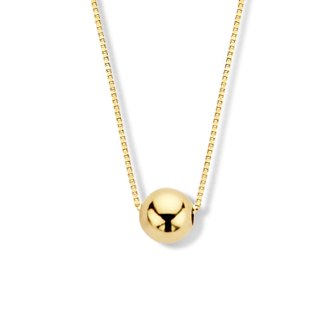 Het collier bol 40 + 1,5 cm van de Van der Kooij Collectie is een damesketting van 14K geelgoud met een gepolijste gouden bol als hanger, gecentreerd op een witte achtergrond.