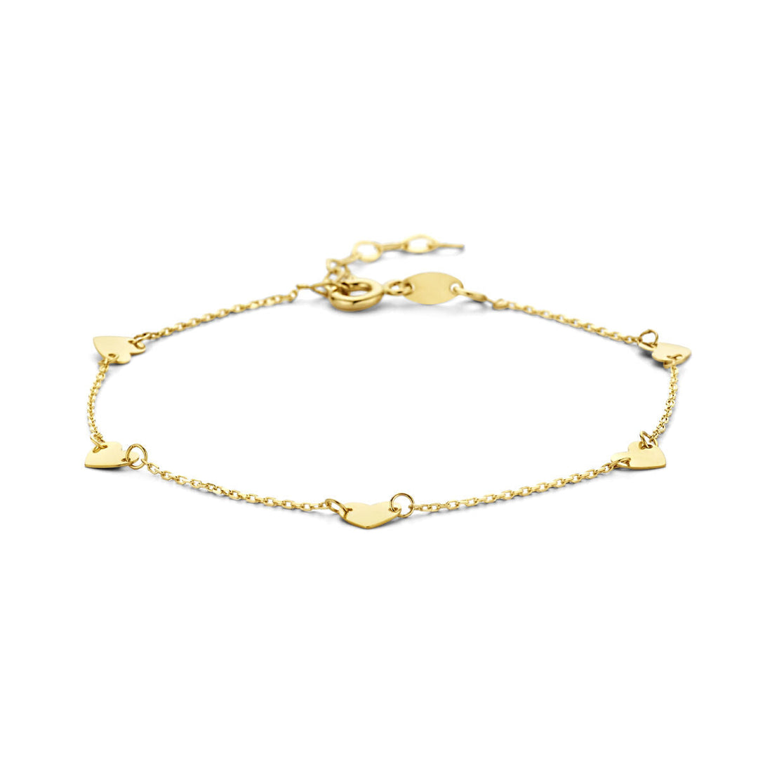 De Gouden armband dames hartjes 14K van Van der Kooij Collectie heeft vijf kleine hartjes, een karabijnsluiting en verstelbare lengtes.