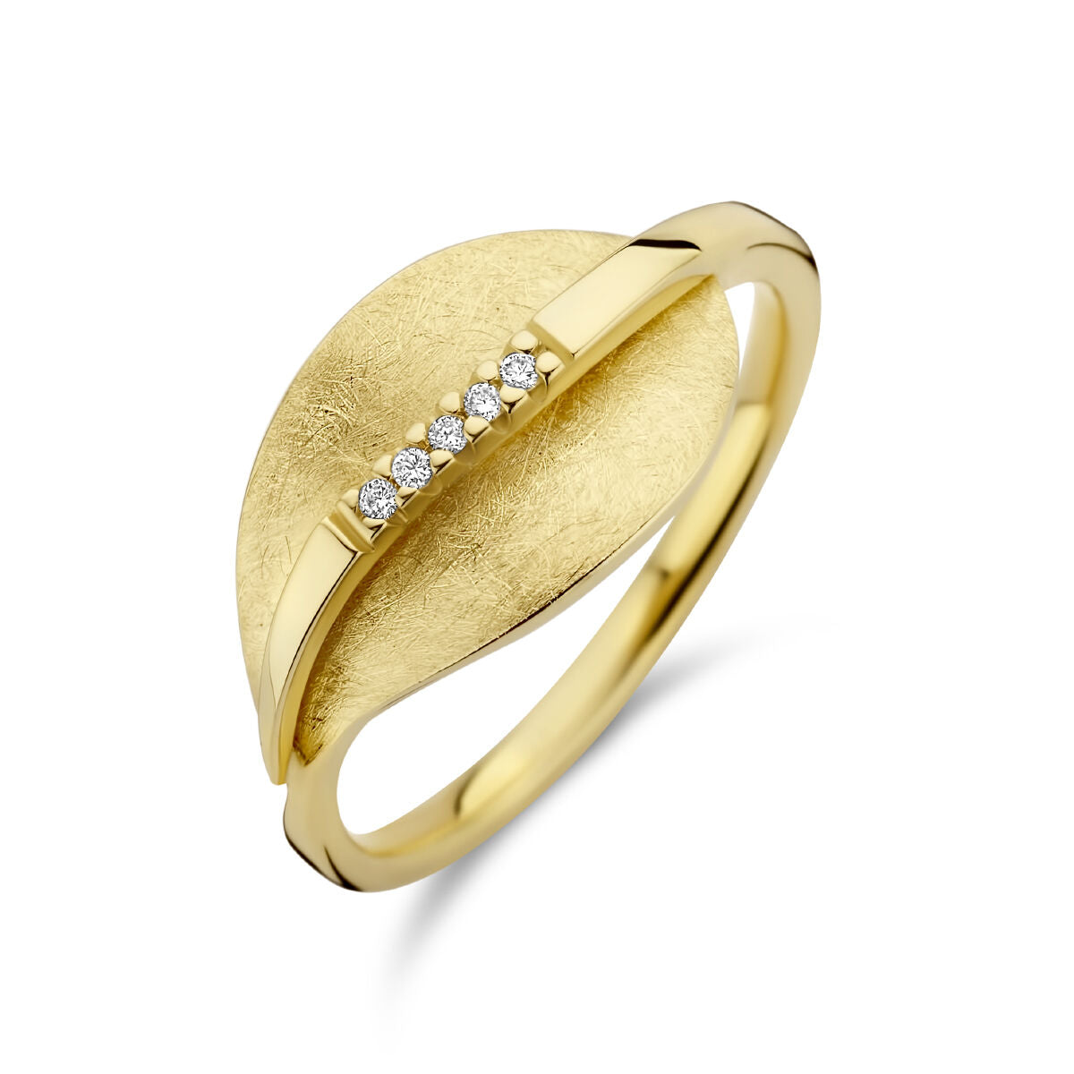 srebrny pierścionek w kształcie liścia z diamentami 0,025 ct w oprawie z 14K żółtego złota