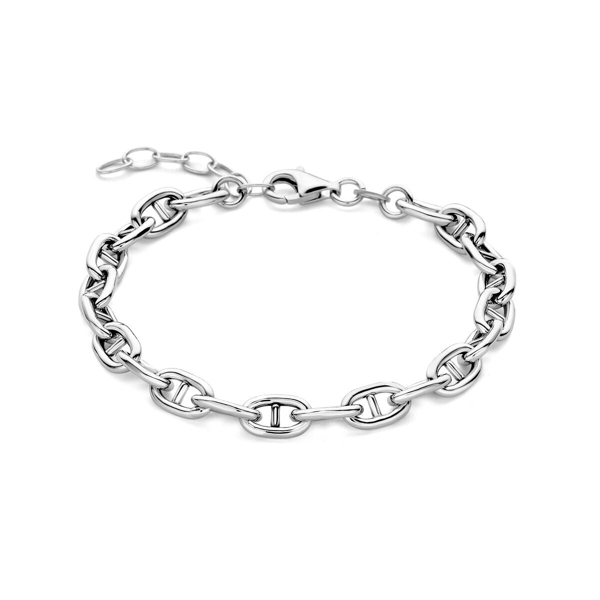 srebrna bransoletka z okrągłymi ogniwami o średnicy 6,0 mm, długość 16 + 3 cm, wykończenie rhodium.