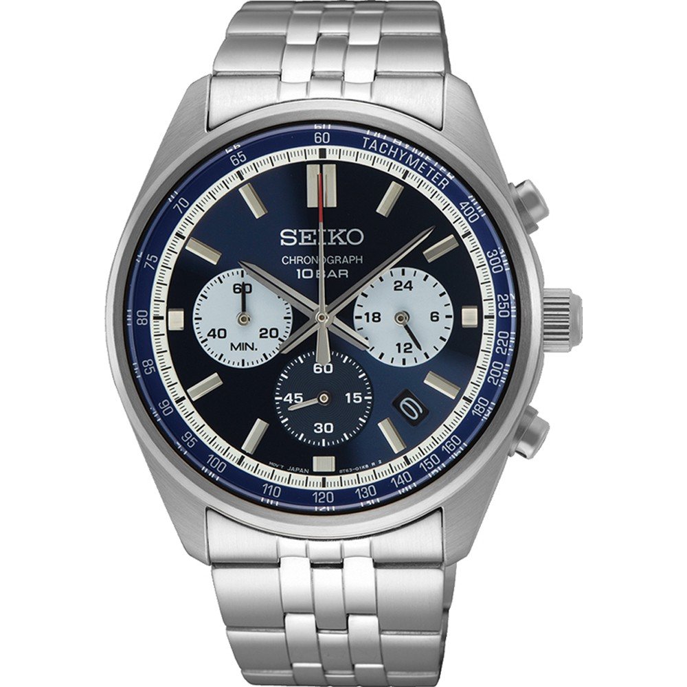 Srebrny zegarek męski Seiko z niebieską tarczą, stalową bransoletą i chronografem.