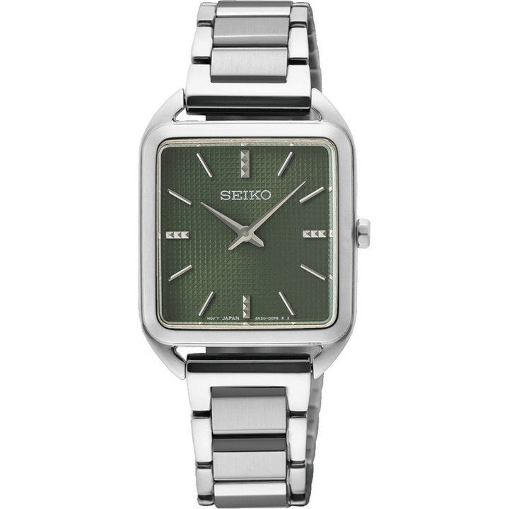 Het Seiko dameshorloge SWR075P1 heeft een zilveren rechthoekige kast en een roestvrijstalen band. De groene wijzerplaat heeft zilveren markeringen en wijzers, met trots het Seiko-logo voor tijdloze elegantie. Dit horloge is uitgerust met een nauwkeurig quartz uurwerk voor betrouwbare tijdwaarneming.