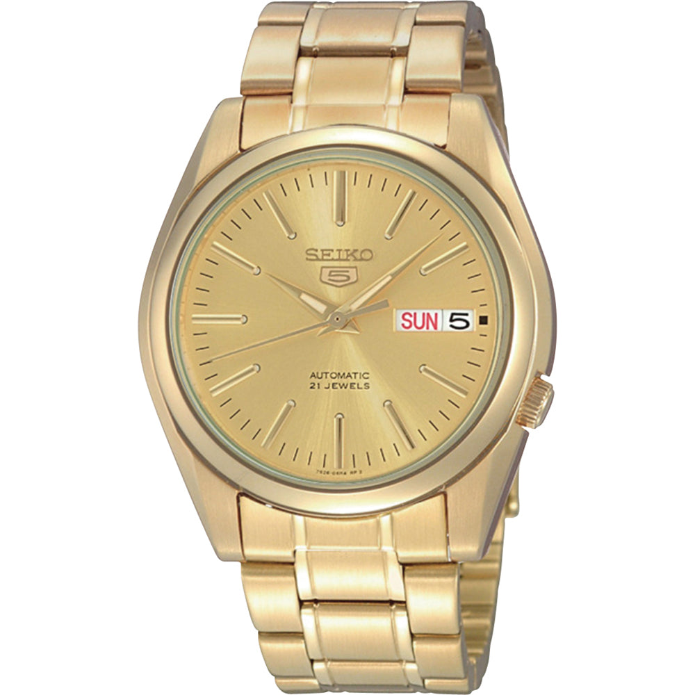 Złoty zegarek męski Seiko z automatycznym mechanizmem, okrągła tarcza i bransoleta.