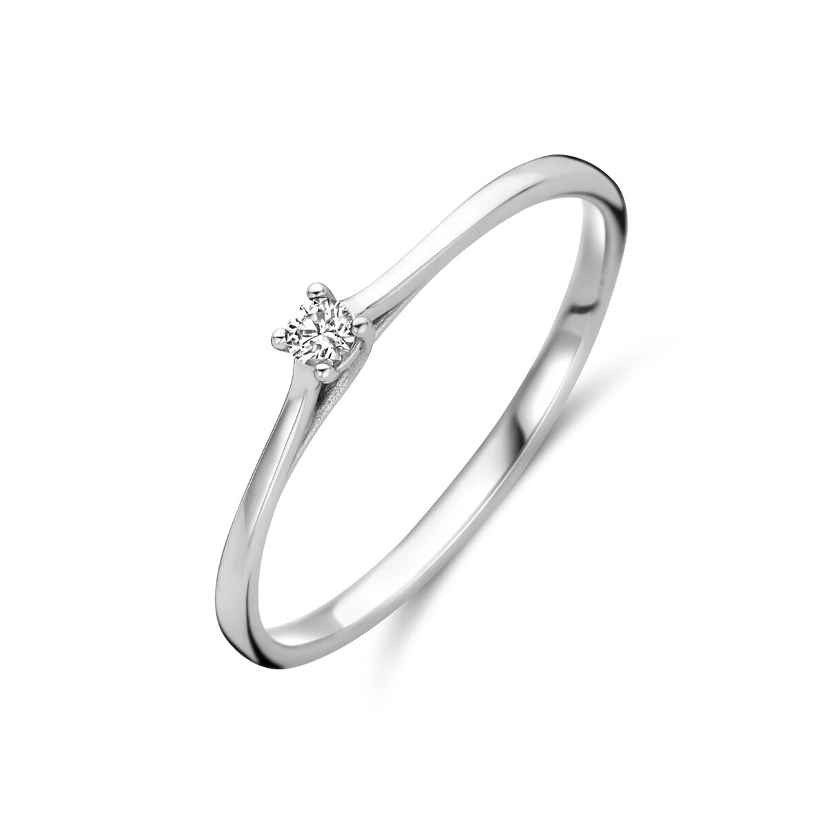 Srebrny pierścionek z diamentem 0,05 ct, wykonany z białego złota 14K, o delikatnym kształcie.