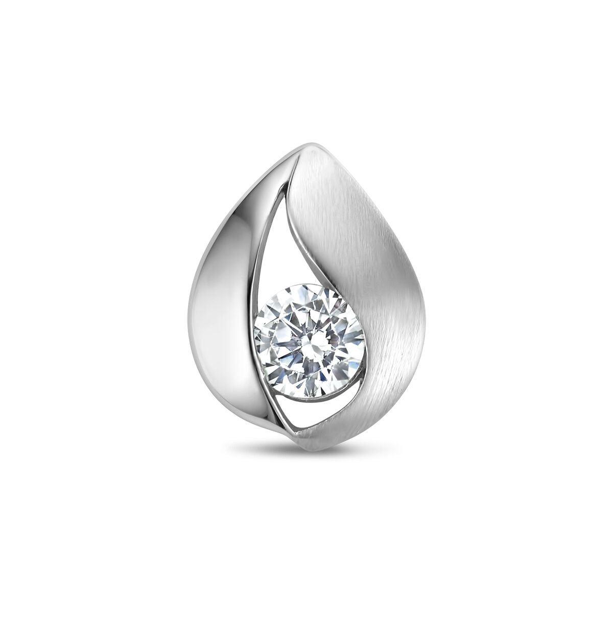 Druppelvormige hanger van gerhodineerd zilver met een glanzende zirkonia in het midden.