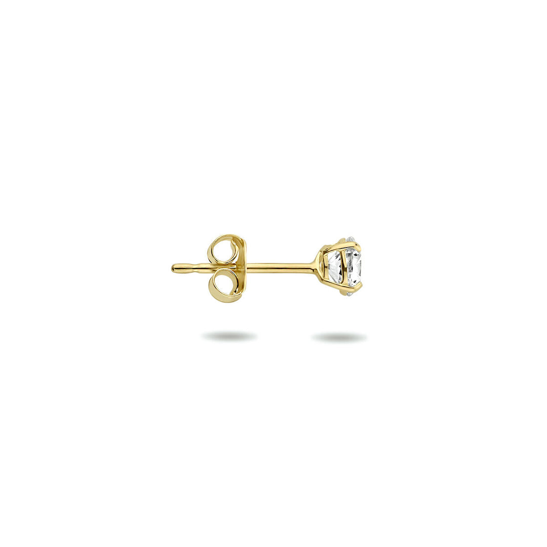 Een oorknop zirkonia per stuk 14K geelgoud van Van der Kooij Collectie, met ronde witte zirkonia in prongzetting, getoond in zijaanzicht op een witte achtergrond.