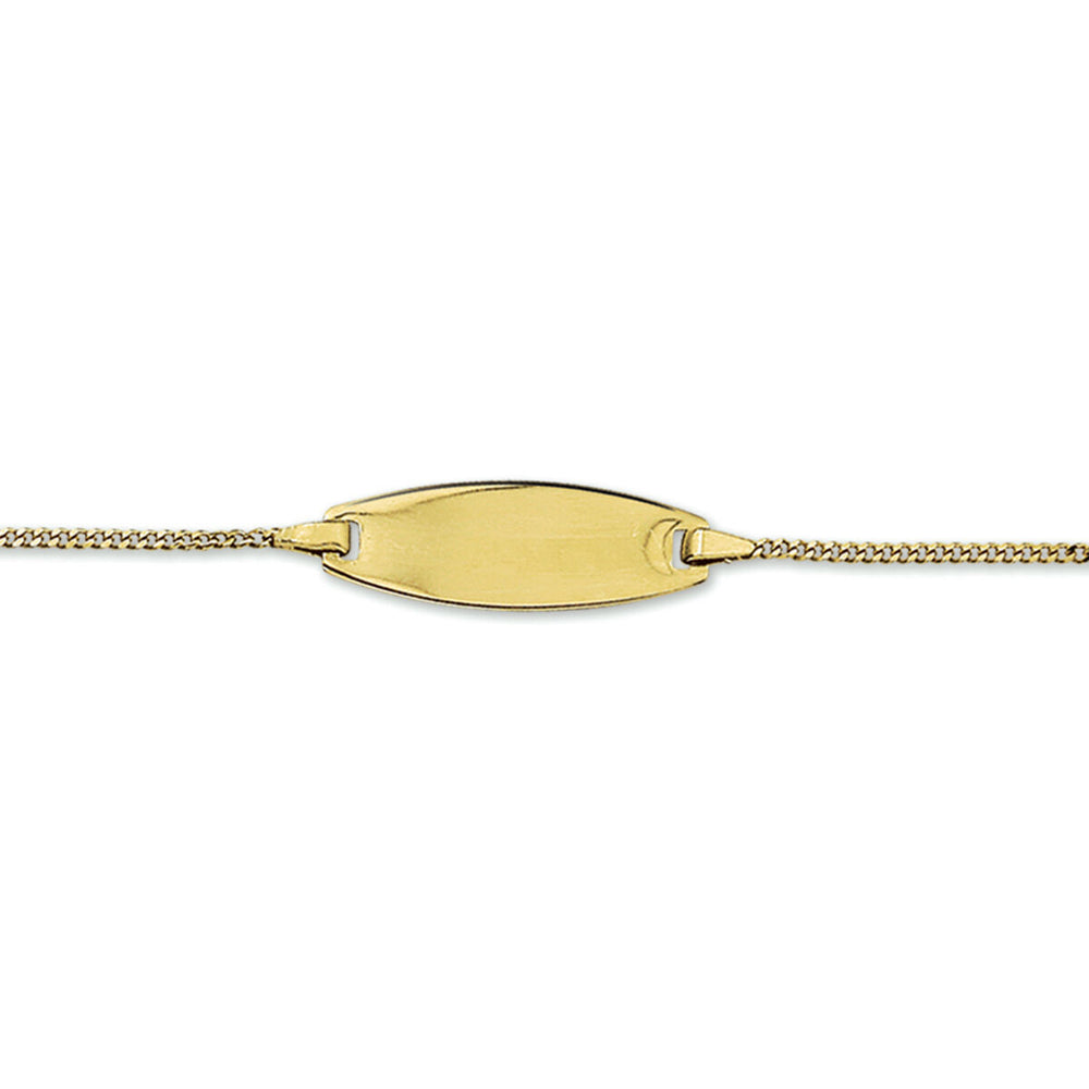 De Van der Kooij Collectie presenteert een 14K geelgoud graveerarmband, met een gladde, ovale plaat die perfect is om te graveren. Dit unisex stuk schittert met zijn gepolijste oppervlak en is elegant bevestigd aan fijne kettingen aan beide kanten.