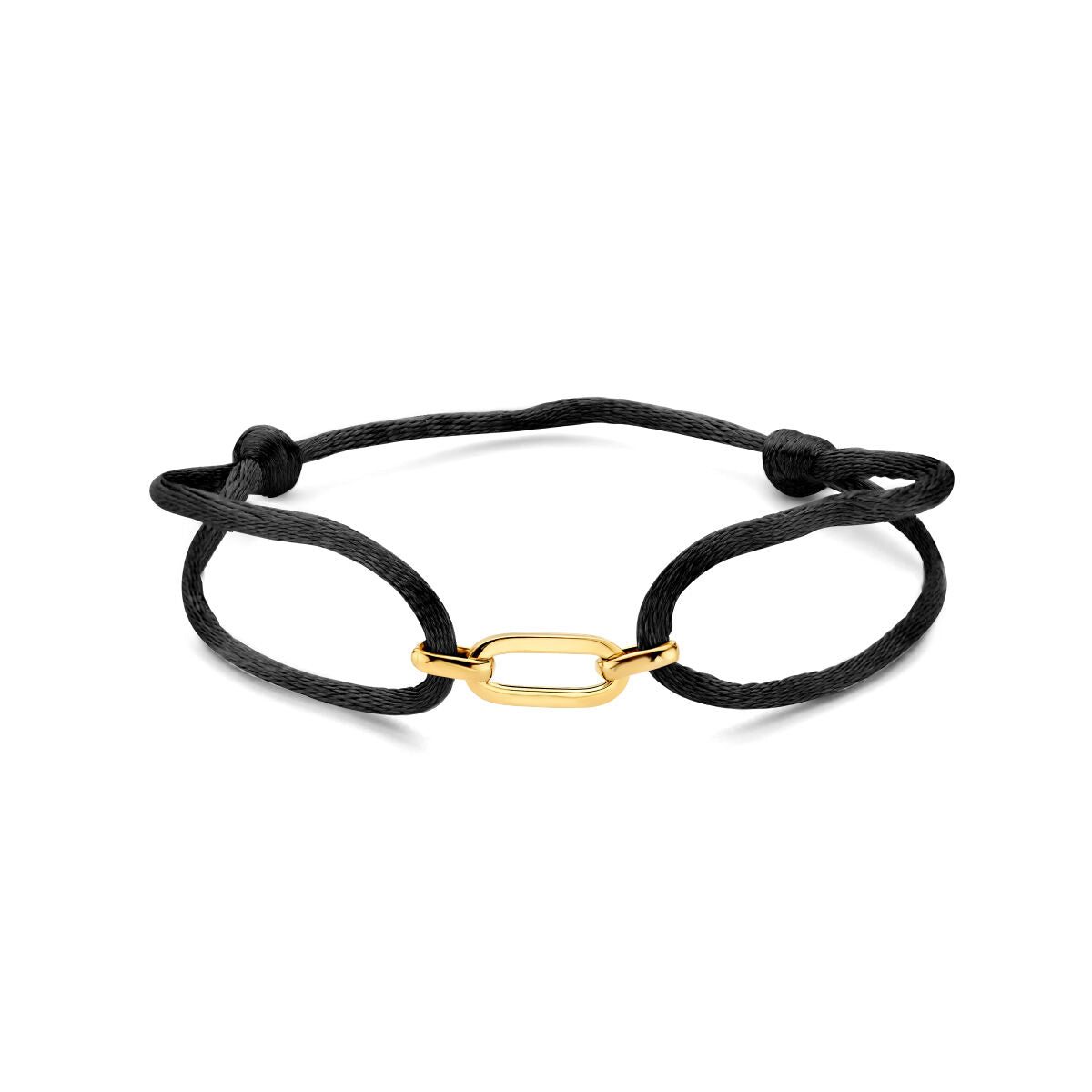 Bransoletka satynowa z 14K złotym zapięciem na czarnym pasku z gumy lub nylonu.