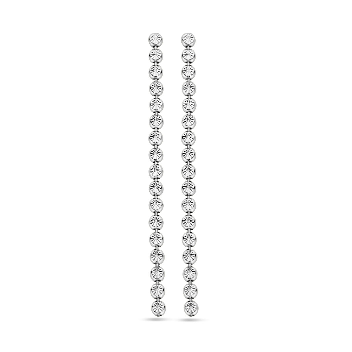 Srebrne kolczyki z diamentowanymi kamieniami, długość 55 mm.
