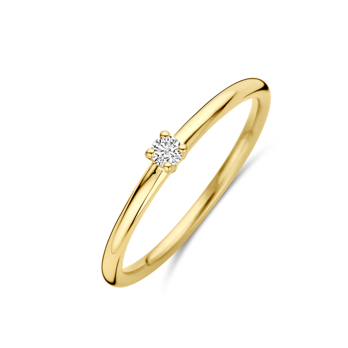 Złoty pierścionek z diamentem 0,05 ct, prosty i elegancki.