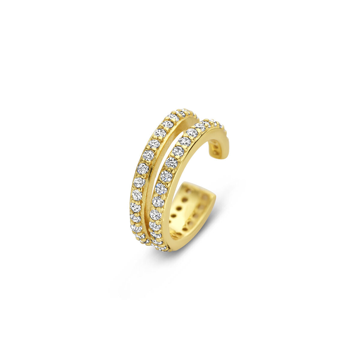 Złoty ear cuff z cyrkoniami, podwójna obręcz, błyszczące detale, bez przekłucia.
